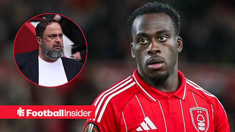 Nottingham Forest striker Arnaud Kalimuendo stares towards owner Evangelos Marinakis, who watches from a circular inset.