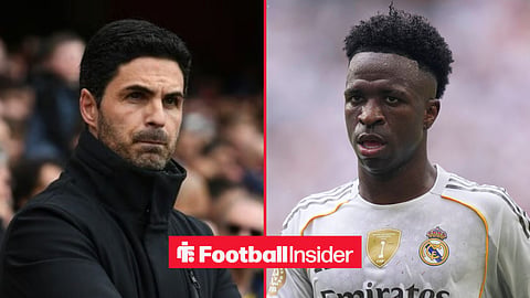 Vinicius Junior in action for Real Madrid, with Mikel Arteta on the sidelines at Arsenal