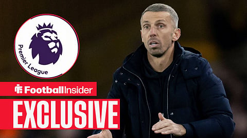 Football Insider exclusive as Ipswich manager Gary O'Neil stares towards the Premier League logo, which features in a circular inset.