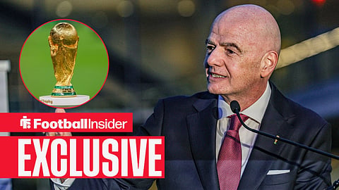 Football Insider exclusive as FIFA president Gianni Infantino speaks, while the World Cup trophy features in a circular inset.