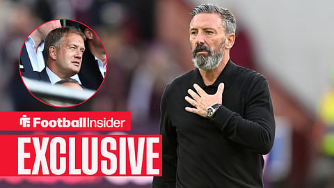 Football Insider exclusive as Rangers manager Derek McInnes stares towards SFA chief Ian Maxwell, who watches from a circular inset.