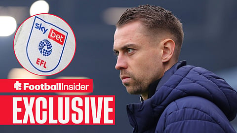 Football Insider exclusive as Southampton manager Tonda Eckert stares towards the EFL badge, which features in a circular inset.