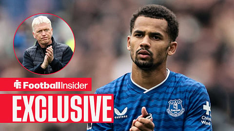 Football Insider exclusive as Everton winger Iliman Ndiaye stares towards manager David Moyes, who applauds in a circular inset.