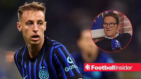 Davide Frattesi in action looking at Fabio Capello right inset on a podcast