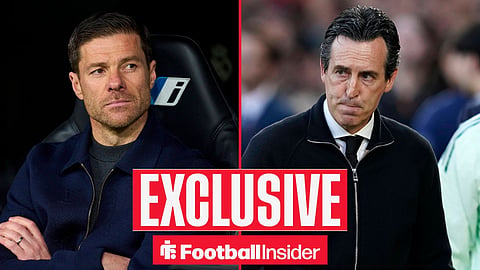 Football Insider exclusive as Chelsea manager Xabi Alonso stares across a split image towards Aston Villa manager Unai Emery.