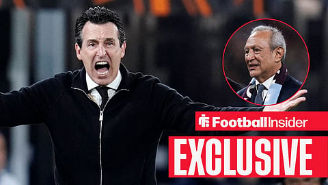 Football Insider exclusive as Aston Villa manager Unai Emery looks angry, while owner Nassef Sawiris watches from a circular inset.