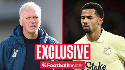 Football Insider exclusive as Everton manager David Moyes stares across a split image towards Iliman Ndiaye.