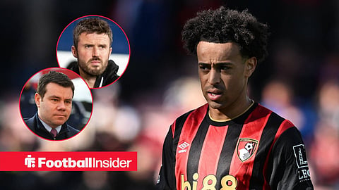 Tyler Adams in action for Bournemouth, with Man United manager Michael Carrick and Newcastle sporting director Ross Wilson in circular insets