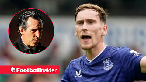 James Garner in action for Everton, with Unai Emery in a circular inset