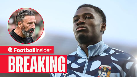 Jahnoah Markelo pre-match for Coventry, with Derek McInnes in a circular inset