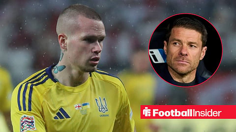 Mykhailo Mudryk in action for Ukraine, with Xabi Alonso in a circular inset