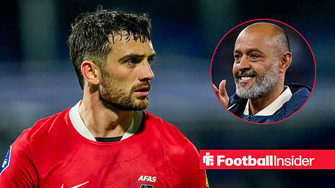 Troy Parrott in action for AZ Alkmaar, with Nuno Espirito Santo in a circular inset