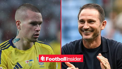Mykhailo Mudryk in action for Ukraine, with Frank Lampard on the sidelines