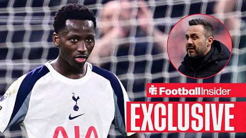 Football Insider exclusive as Tottenham midfielder Pape Sarr stares towards manager Roberto De Zerbi, who watches from a circular inset.