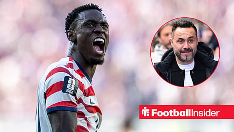 Folarin Balogun celebrating World Cup goal with Roberto De Zerbi walking on sideline right inset