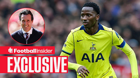 Football Insider exclusive as Tottenham midfielder Pape Sarr is in action, while Aston Villa manager Unai Emery smiles in a circular inset.
