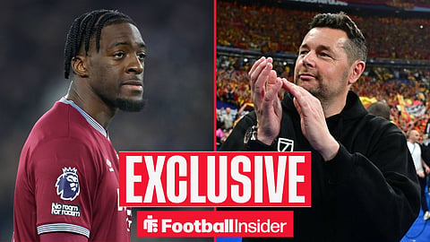 Football Insider exclusive as Axel Disasi is in action for West Ham, while Crystal Palace manager Pierre Sage applauds on the other side of a split image.