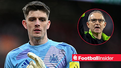 Nick Pope in action about to kick ball with Martin O'Neill celebrating towards fans right inset