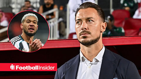 Matthias Jaissle on sideline before a game with Joelinton clapping fans left inset