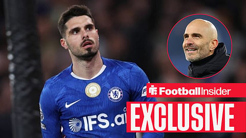 Football Insider exclusive as Chelsea winger Pedro Neto stares towards Manchester City boss Enzo Maresca, who smiles in a circular inset.