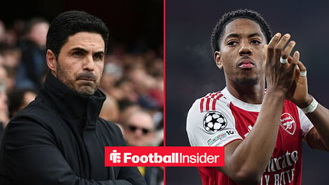MIkel Arteta on the sidelines, with Myles Lewis-Skelly in action for Arsenal