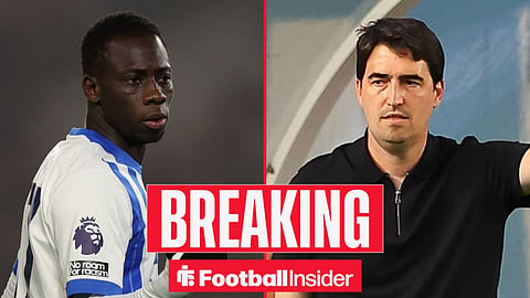 Yankuba Minteh in action for Brighton, with Andoni Iraola on the sidelines at Liverpool