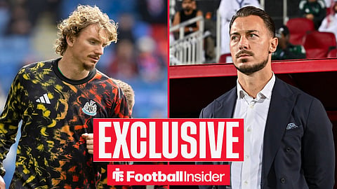 Football Insider exclusive as Newcastle striker Nick Woltemade warms up, while manager Matthias Jaissle watches on the other side of a split image.