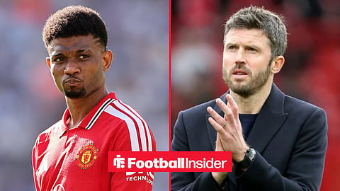 Amad Diallo in action for Man United, with Michael Carrick on the sidelines