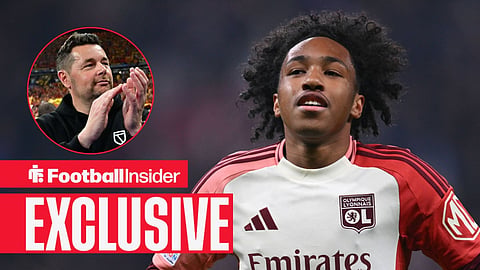 Football Insider exclusive as Lyon star Malick Fofana stares towards Crystal Palace manager Pierre Sage, who applauds in a circular inset.