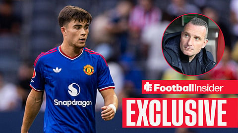 Football Insider exclusive as Man United defender Harry Amass glances towards Burnley manager Nicky Hayen, who watches from a circular inset.