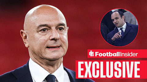 Football Insider exclusive as Daniel Levy stares towards Tottenham chief executive Vinai Venkatesham, who points in a circular inset.