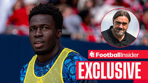 Football Insider exclusive as Leeds star Wilfried Gnonto glances towards manager Daniel Farke, who watches from a circular inset.
