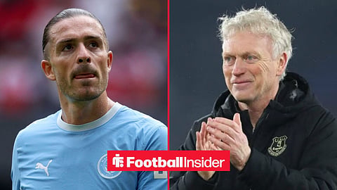 Jack Grealish in action for Man City, with David Moyes on the sidelines at Everton