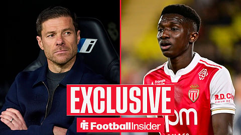 Football Insider exclusive as Chelsea manager Xabi Alonso stares across a split image towards Monaco midfielder Lamine Camara.