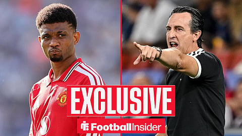 Football Insider exclusive as Man United winger Amad Diallo, who stares across a split image towards Aston Villa manager Unai Emery.