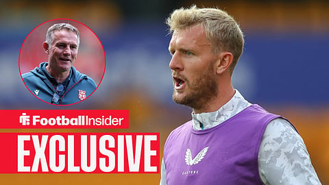 Football Insider exclusive as Burnley defender Joe Worrall warms up, while Wrexham manager Phil Parkinson smiles in a circular inset.