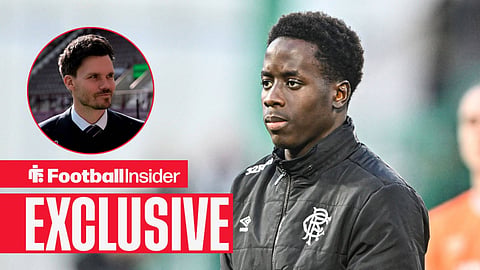 Football Insider exclusive as Rangers winger Djeidi Gassama stares towards Danny Rohl, who watches from a circular inset.