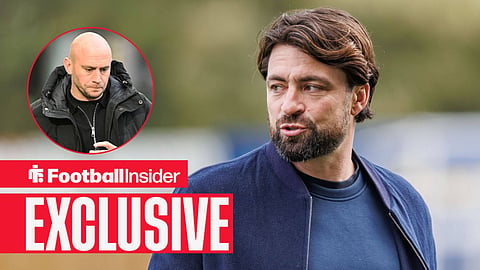 Football Insider exclusive as Leicester manager Russell Martin glances towards Hibernian boss David Gray, who watches from a circular inset.