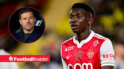Lamine Camara in action with Xabi Alonso sat on bench left inset