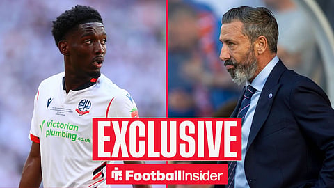 Football Insider exclusive as Amario Cozier-Duberry stares across a split image towards Rangers manager Derek McInnes.