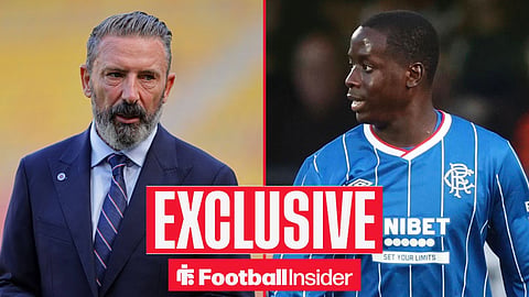 Football Insider exclusive as Rangers manager Derek McInnes stares across a split image towards Djeidi Gassama.