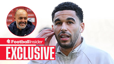 Football Insider exclusive as Swansea defender Ben Cabango stares towards West Ham manager Nuno Espirito Santo, who smiles in a circular inset.