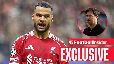 Football Insider exclusive as Liverpool winger Cody Gakpo stares towards manager Andoni Iraola, who watches from a circular inset.