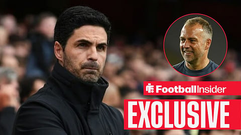 Mikel Arteta on the sidelines at Arsenal, with Hansi Flick in a circular inset