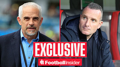 Football Insider exclusive as Burnley chairman Alan Pace and manager Nicky Hayen feature on either side of a split image.