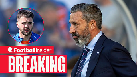 Derek McInnes on the sidelines at Rangers, with Nicolas Raskin in a circular inset