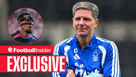 Football Insider exclusive as Nottingham Forest manager Oliver Glasner stares towards defender Daniel Munoz, who features in a circular inset.