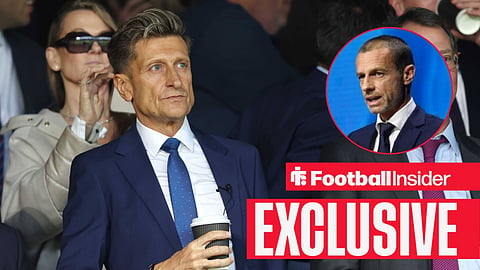 Football Insider exclusive as Crystal Palace chairman Steve Parish stares towards UEFA president Aleksander Ceferin, who watches from a circular inset.
