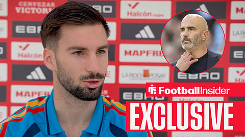 Alex Baena in a press conference with Enzo Maresca on sideline right inset