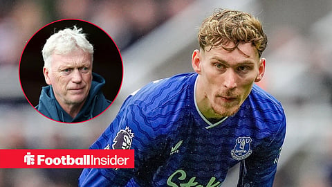 James Garner in action for Everton, with David Moyes in a circular inset